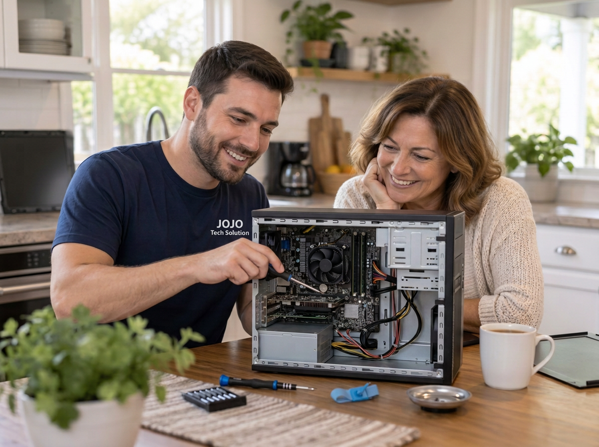 Technician in a JOJO Tech Solution shirt working on an open desktop computer beside a homeowner