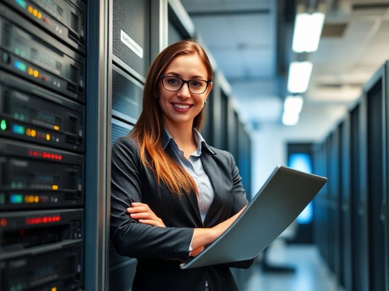 Network engineer installing business network equipment