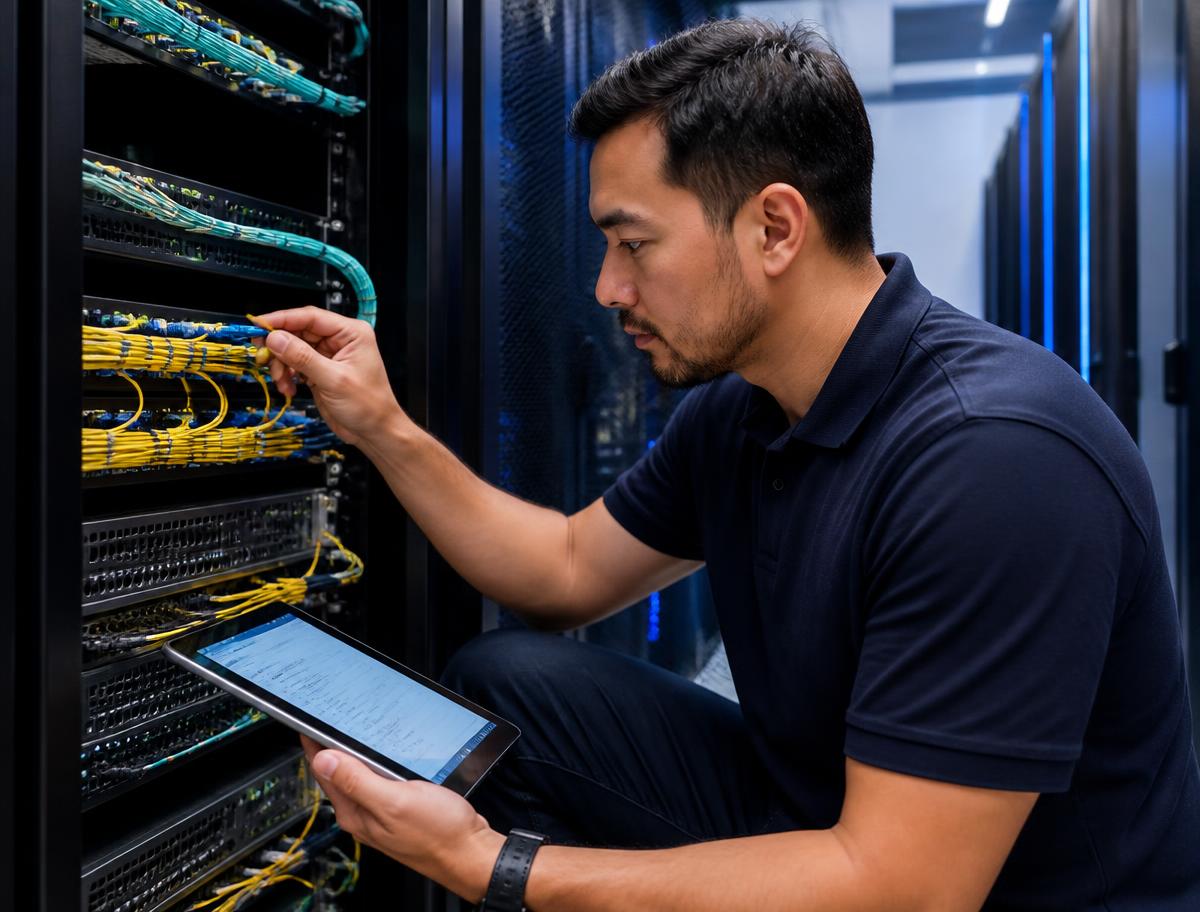 White-label field engineer servicing a network rack for an MSP client site